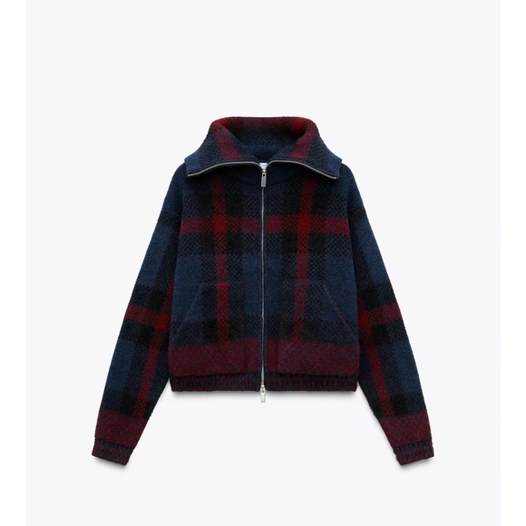 Zara Checkered Jacket in Navy and Burgundy - Picture 1 of 8